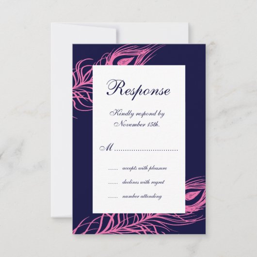 Fuchsia & Navy Feathers RSVP Kaartje (Voorkant)