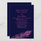 Fuchsia & Navy Feathers Wedding Invitation Kaart (Voorkant / Achterkant)