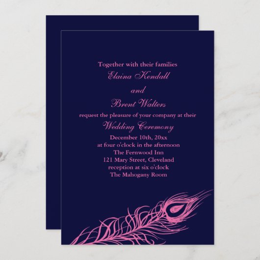 Fuchsia & Navy Feathers Wedding Invitation Kaart (Voorkant / Achterkant)