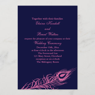 Fuchsia & Navy Feathers Wedding Invitation Kaart