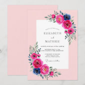 Fuchsia Navy Luminous Spring Wedding Kaart (Voorkant / Achterkant)