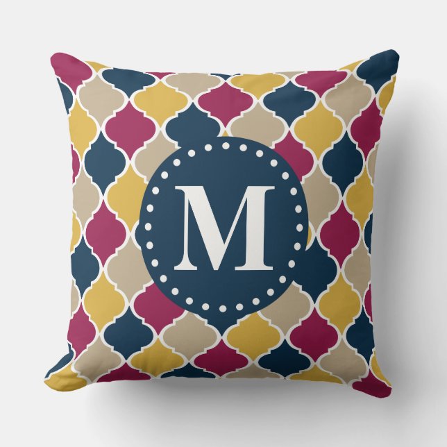 Fuchsia Navy Moroccan Lattice Monogram Kussen (Voorkant)