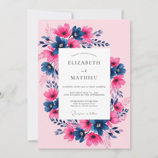 Fuchsia Navy Painterly Spring Wedding Kaart (Voorkant)