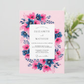 Fuchsia Navy Schilderachtige Lente Bruiloft Kaart (Staand voorkant)