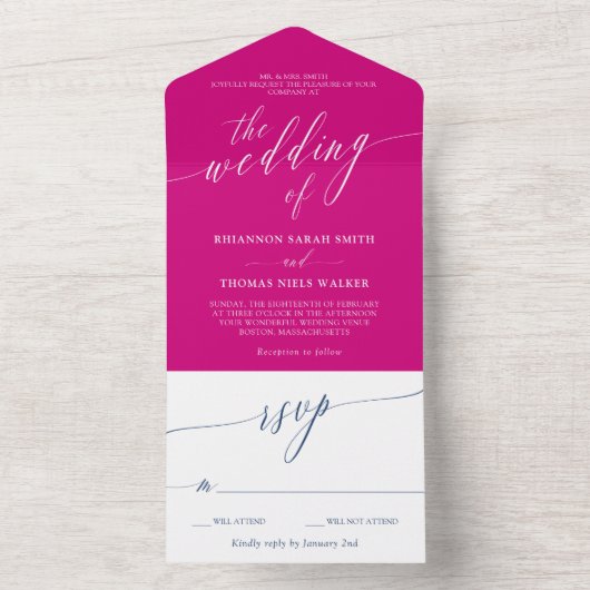 Fuchsia Navy White Delicate Calligraphy Wedding All In One Uitnodiging (Binnen)