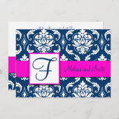 Fuchsia Navyblauw Damast Save the Date Kaart (Voorkant / Achterkant)