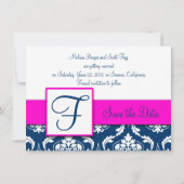 Fuchsia Navyblauw Damast Save the Date Kaart (Achterkant)