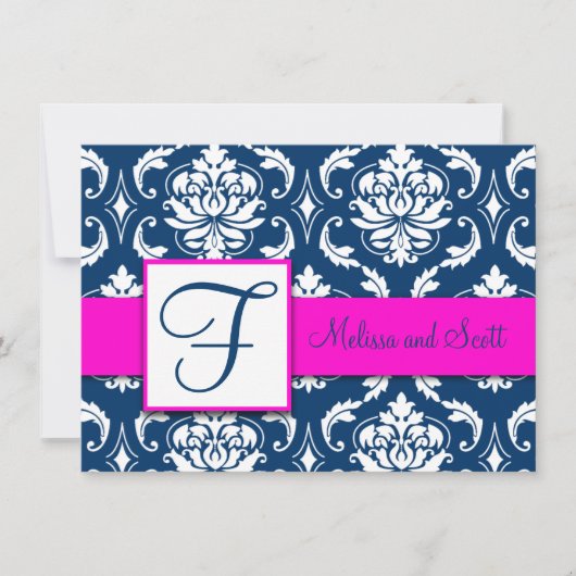 Fuchsia Navyblauw Damast Save the Date Kaart (Voorkant)