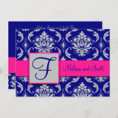 Fuchsia Navyblauw Zilveren Damast Save the Date 1B Kaart (Voorkant / Achterkant)