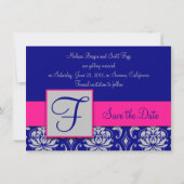 Fuchsia Navyblauw Zilveren Damast Save the Date 1B Kaart (Achterkant)