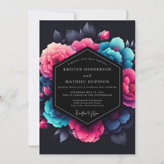 Fuchsia Neon Bloom Wedding Kaart (Voorkant)