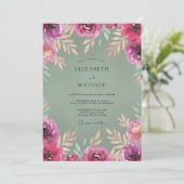 Fuchsia Olijfgeschilderde Bruiloft Kaart (Staand voorkant)