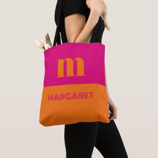 Fuchsia & orange custom initial name modern tote bag (Dichtbij)