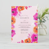 Fuchsia & Orange Painterly Bloom Wedding Kaart (Staand voorkant)