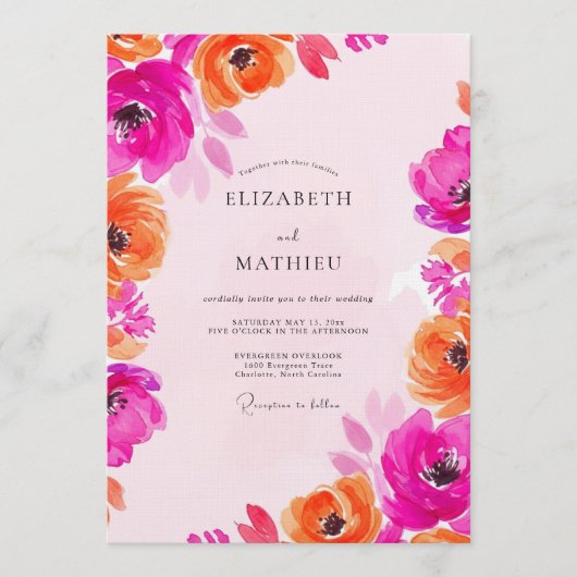 Fuchsia & Orange Painterly Bloom Wedding Kaart (Voorkant)