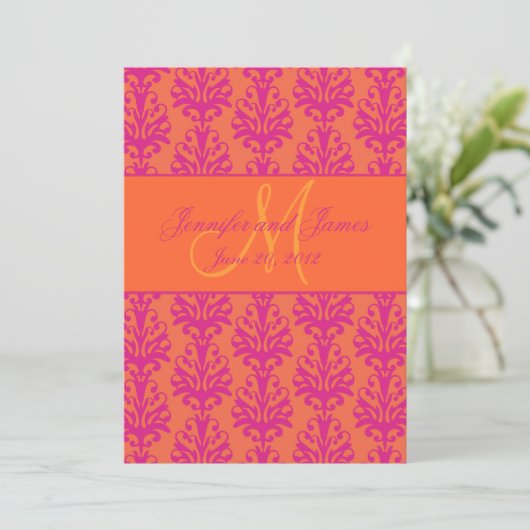 Fuchsia Oranje Damask Save the Date Monogram (Staand voorkant)