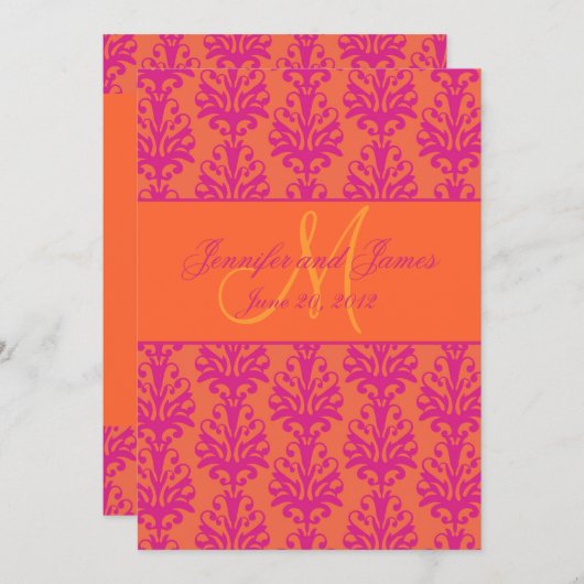 Fuchsia Oranje Damask Save the Date Monogram (Voorkant / Achterkant)