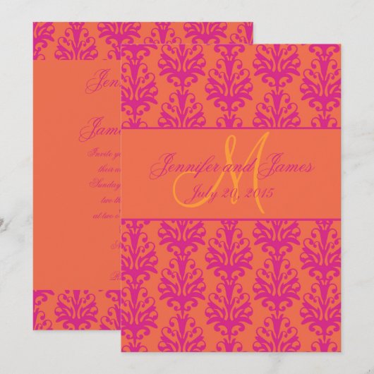 Fuchsia Oranje Damask Wedding Invitation Kaart (Voorkant / Achterkant)