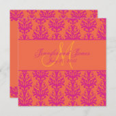 Fuchsia Oranje Damask Wedding Invitation Square Kaart (Voorkant / Achterkant)