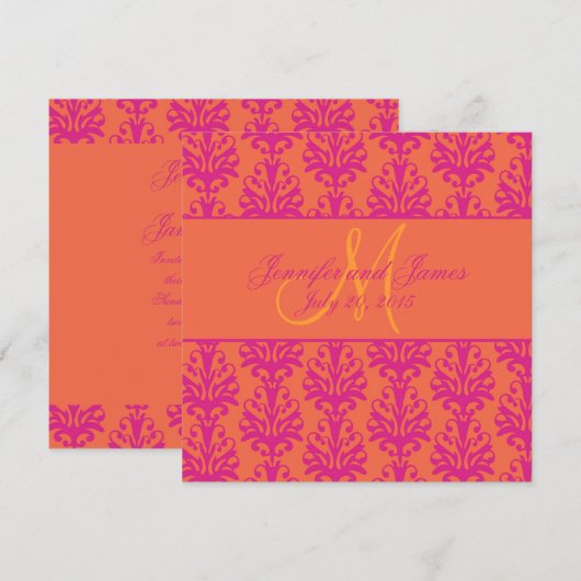 Fuchsia Oranje Damask Wedding Invitation Square Kaart (Voorkant / Achterkant)