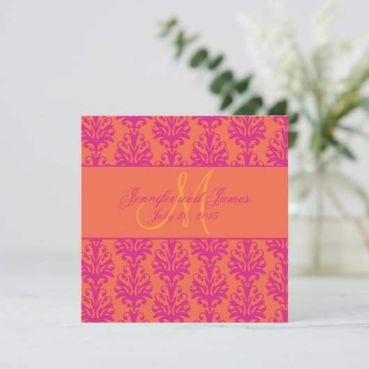 Fuchsia Oranje Damask Wedding Invitation Square Kaart (Staand voorkant)