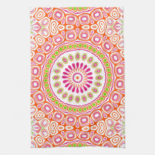 Fuchsia Oranje en Groene Levendige Mandala Patroon Theedoek