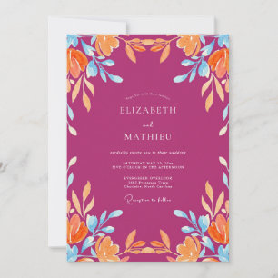 Fuchsia Oranje Loof Eucalyptus Bruiloft Kaart
