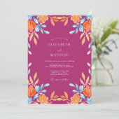 Fuchsia Oranje Loof Eucalyptus Bruiloft Kaart (Staand voorkant)