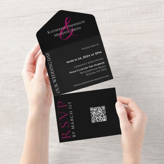Fuchsia Orchid Wedding-QR-code All In One Uitnodiging (Afscheurbaar)