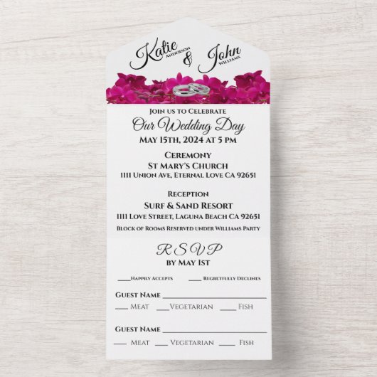 Fuchsia orchideeën op wit-foto bruiloft- all in one uitnodiging (Binnen)