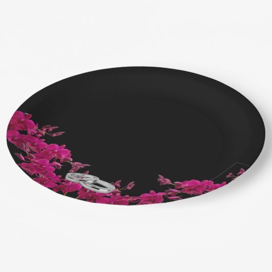 Fuchsia orchideeën op zwart-bruiloft Borden-ringen Papieren Bordje (Gekanteld)
