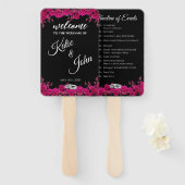 Fuchsia orchideeën op zwart-bruiloft programma- handwaaier (Voorkant en achterkant)