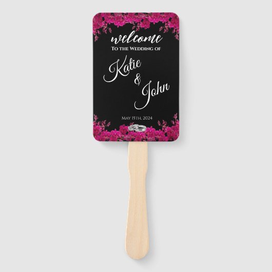 Fuchsia orchideeën op zwart-bruiloft programma- handwaaier (Voorkant)