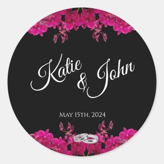 Fuchsia orchideeën op zwart-bruiloft-ringen ronde sticker (Voorkant)