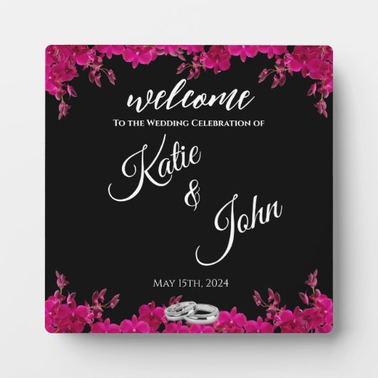 Fuchsia orchideeën op zwart-bruiloft-tafel teken- fotoplaat (Voorkant)