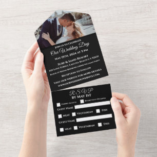 Fuchsia orchideeën op zwart-foto bruiloft- all in one uitnodiging