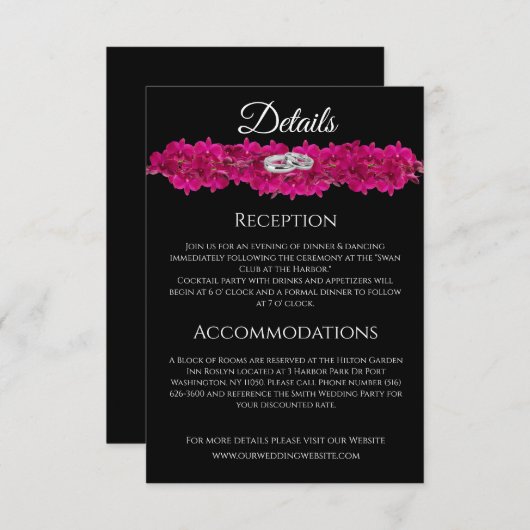 Fuchsia Orchideeën op zwart - Trouwdag Informatiekaartje (Voorkant / Achterkant)