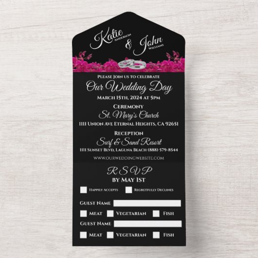 Fuchsia Orchids op Black-Wedding- All In One Uitnodiging (Binnen)