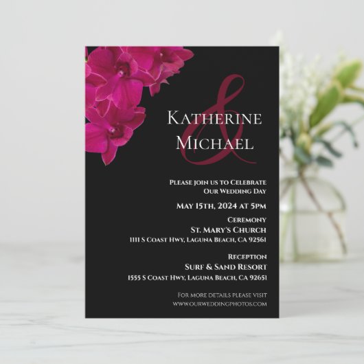 Fuchsia Orchids op Black-Wedding- Kaart (Staand voorkant)
