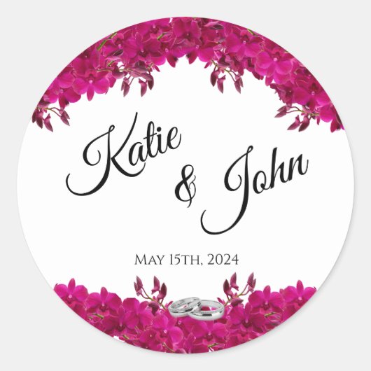 Fuchsia Orchids op White-Wedding- Ronde Sticker (Voorkant)