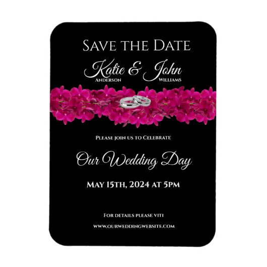 Fuchsia Orchids op Zwart- Bruiloft Save the Date- Magneet (Verticaal)
