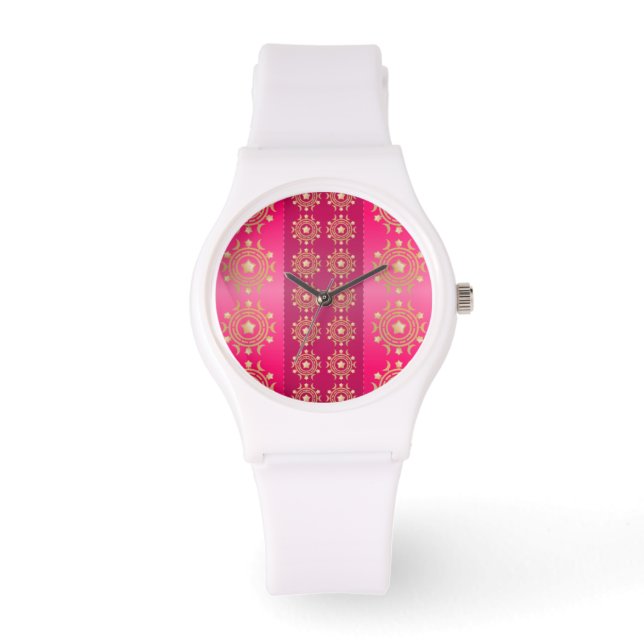 Fuchsia Oriental Mandala Pattern Horloge (Voorkant)
