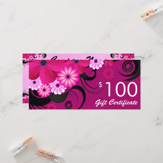Fuchsia Paars Elegant Custom $100 Gift Voucher (Voorkant / Achterkant in situ)
