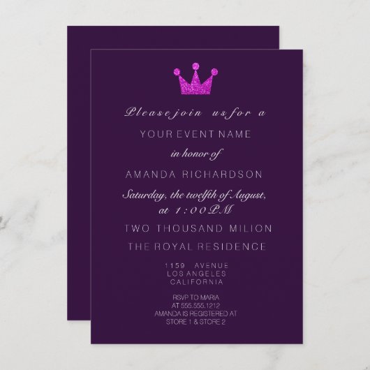 Fuchsia Paars PinkCrown Royal Glitter 16e Bridal Kaart (Voorkant / Achterkant)