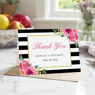 Fuchsia Paars Red Floral Black Stripes Bedankkaart