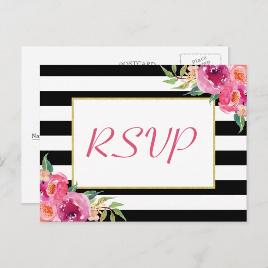 Fuchsia Paars Red Floral Gold Weddenschap RSVP Ant Uitnodiging Briefkaart (Voorkant / Achterkant)