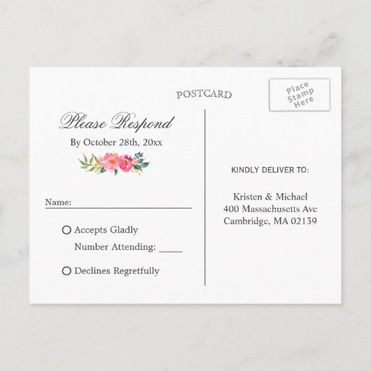 Fuchsia Paars Red Floral Gold Weddenschap RSVP Ant Uitnodiging Briefkaart (Achterkant)