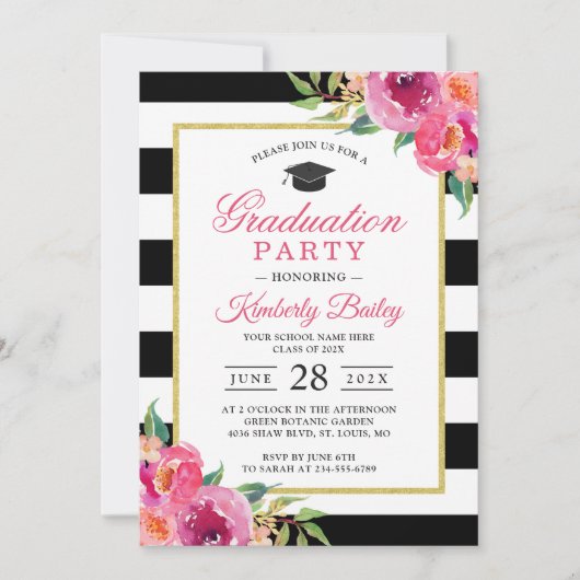 Fuchsia Paars Red Floral Stripes Graduparty Kaart (Voorkant)