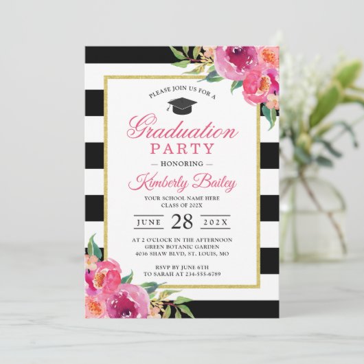 Fuchsia Paars Red Floral Stripes Graduparty Kaart (Staand voorkant)