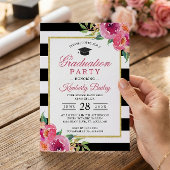 Fuchsia Paars Red Floral Stripes Graduparty Kaart